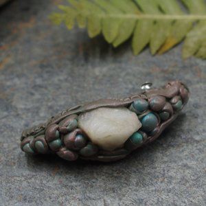 Coral Hair Clip with Milky Quartz, Hand Sculpted with Poly Clay